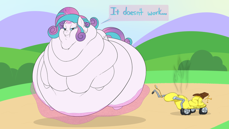 Size: 1600x900 | Tagged: artist:athan, belly, bingo wings, blob, blobface, broken, chubby cheeks, derpibooru import, double chin, fat, flabby chest, huge butt, immobile, impossibly large belly, impossibly large butt, impossibly large everything, large butt, magic, mobility scooter, morbidly obese, multiple chins, neck roll, obese, princess flabby heart, princess flurry heart, questionable, rolls of fat, scooter, self-levitation, solo, speech bubble