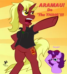 Size: 1594x1753 | Tagged: artist:duragan, bipedal, derpibooru import, do the thing, duo, epic, oc, oc:aramau, oc:firebrand, point, rainbow dash salutes, safe, salute, the legend of korra