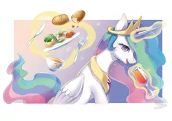 Size: 851x600 | Tagged: safe, artist:jannel300, derpibooru import, princess celestia, pony, female, food, glowing horn, jewelry, juice, levitation, magic, magic aura, mare, regalia, smiling, solo, telekinesis