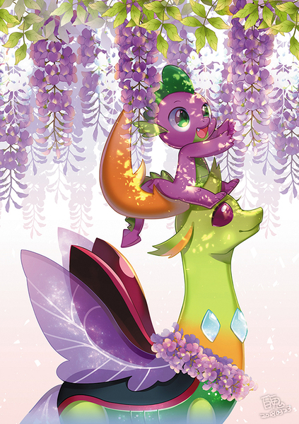 Size: 600x851 | Tagged: safe, artist:jannel300, derpibooru import, spike, thorax, changedling, changeling, dragon, baby, baby dragon, changeling king, cute, dappled sunlight, duo, flower, flower necklace, friendship, horn, king thorax, leaves, male, preview, signature, simple background, sitting on person, smiling, spikabetes, spread wings, sweet dreams fuel, tale of genji, thorabetes, wings, wisteria