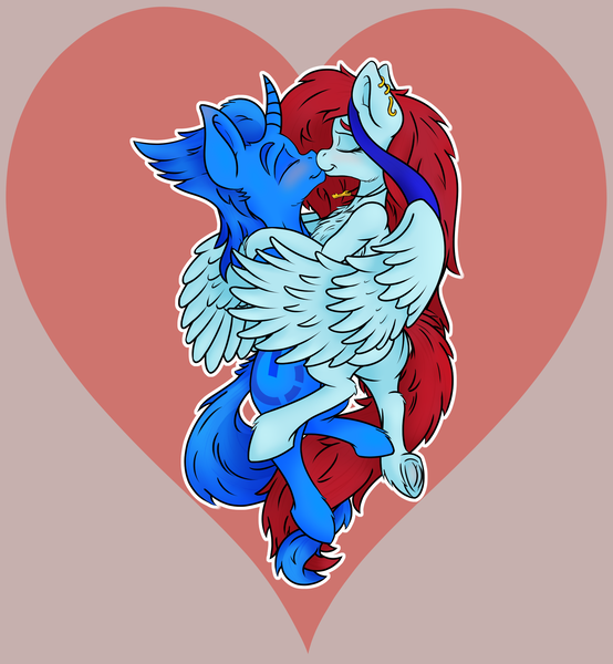 Size: 1954x2116 | Tagged: safe, artist:thexiiilightning, derpibooru import, oc, unofficial characters only, pegasus, pony, unicorn, blushing, chest fluff, couple, ear piercing, earring, eyes closed, female, flying, heart, hug, jewelry, kissing, male, piercing, smiling, straight, underhoof, winghug, wings