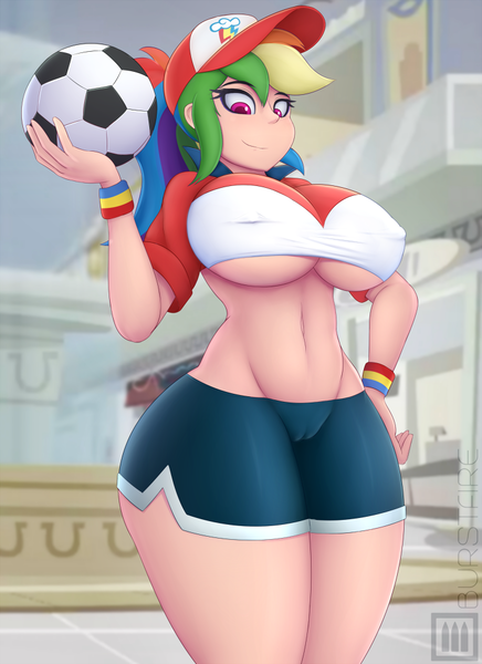 Size: 726x1000 | Tagged: artist:burstfire, belly button, big breasts, breasts, busty rainbow dash, cameltoe, clothes, derpibooru import, eqg summertime shorts, female, football, good vibes, human, humanized, looking at you, mall, midriff, ponytail, questionable, rainbow dash, sexy, shorts, smiling, solo, solo female, sports, stupid sexy rainbow dash, tight clothing, underboob, wide hips, wristband