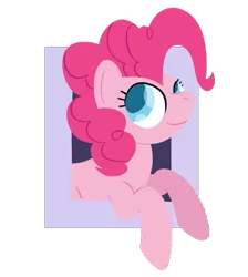Size: 915x1020 | Tagged: safe, artist:phat_guy, derpibooru import, pinkie pie, earth pony, pony, breaking the fourth wall, bust, female, frame, hooves, lineless, looking up, mare, minimalist, modern art, pinkie being pinkie, raised leg, simple background, smiling, solo, transparent background