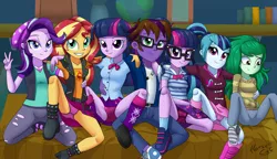Size: 3500x2022 | Tagged: suggestive, artist:horsecat, derpibooru import, sci-twi, sonata dusk, starlight glimmer, sunset shimmer, twilight sparkle, wallflower blush, oc, oc:shy wishes, equestria girls, equestria girls series, adorasexy, boots, clothes, cute, freckles, glasses, group shot, jacket, leather jacket, leg warmers, legs, looking at you, looking away, moe, panties, pants, panty shot, peace sign, pink underwear, pleated skirt, ponytail, purple underwear, sexy, shoes, skirt, skirt lift, smiling, socks, sweater, underwear, upskirt