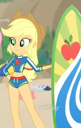 Size: 459x720 | Tagged: safe, derpibooru import, screencap, applejack, blue crushed, equestria girls, equestria girls series, clothes, cropped, curvy, cute, geode of super strength, jackabetes, solo, surfboard, swimsuit