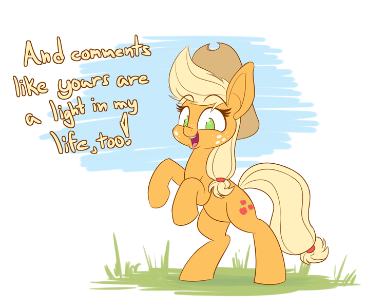 Size: 1500x1200 | Tagged: safe, artist:heir-of-rick, derpibooru import, applejack, earth pony, pony, cowboy hat, cute, description is relevant, dialogue, female, hat, heartwarming, jackabetes, mare, rearing, smiling, solo, sweet dreams fuel, talking to viewer