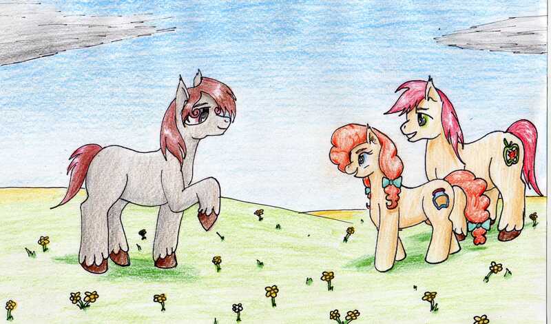 Size: 3415x2006 | Tagged: safe, artist:40kponyguy, derpibooru import, bright mac, pear butter, oc, oc:iron granite, earth pony, pony, female, flower, grandparent and grandchild moment, grandparent:bright mac, grandparent:pear butter, grandparents, looking at each other, male, mare, meadow, offspring, parent:big macintosh, parent:marble pie, parents:marblemac, raised hoof, requested art, stallion, traditional art