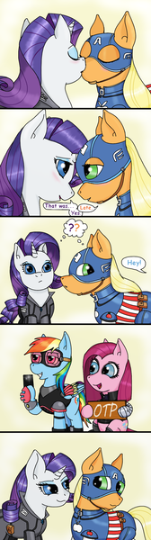 Size: 700x2500 | Tagged: safe, artist:eulicious, derpibooru import, applejack, pinkie pie, rainbow dash, rarity, blushing, captain america, civil war, comic, crossover, eyes closed, falcon (marvel comics), female, kissing, lesbian, marvel, marvel comics, mobile phone, phone, pinkamena diane pie, pinkie the shipper, rarijack, sharon carter, shipper on deck, shipping, smartphone, winter soldier