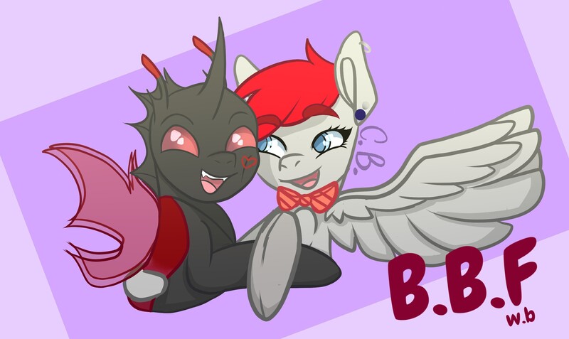 Size: 2336x1392 | Tagged: safe, artist:cottonbreeze, derpibooru import, oc, oc:cotton breeze, oc:rummy, unofficial characters only, bat pony, changeling, bat pony oc, best friends, changeling oc, cute, heart, hug, red changeling