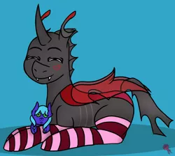 Size: 1485x1330 | Tagged: artist:cottonbreeze, changeling, changeling oc, clothes, cute, derpibooru import, doll, happy, heart, oc, oc:cloudy, oc:rummy, plushie, red changeling, safe, smiling, socks, striped socks, toy, unofficial characters only