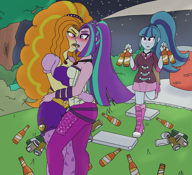 Size: 1100x1000 | Tagged: suggestive, artist:ask-sonatadusk, deleted from derpibooru, derpibooru import, adagio dazzle, aria blaze, sonata dusk, equestria girls, adaria, alcohol, blushing, breasts, drunk, female, kissing, lesbian, making out, night, shipping, sloppy kissing