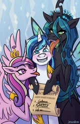 Size: 828x1280 | Tagged: suggestive, artist:dragonbeak, derpibooru import, princess cadance, queen chrysalis, shining armor, alicorn, changeling, changeling queen, pony, unicorn, bedroom eyes, blushing, chrysarmordance, drool, female, floppy ears, group sex, help, help me, hoof hold, hug, husbando, licking, long tongue, looking at you, lucky bastard, male, mare, nervous, open mouth, peace treaty, polyamory, raised hoof, scaroused, scroll, shining armor gets all the mares, shipping, sitting, smiling, spread wings, stallion, straight, this will end in snu snu, threesome, tongue out, treaty, wingboner, wings