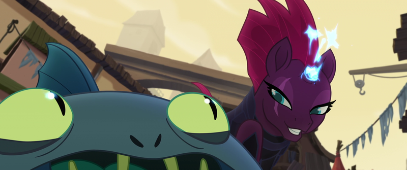 Size: 1920x804 | Tagged: safe, derpibooru import, screencap, mori, tempest shadow, anthro, fish, pony, unicorn, my little pony: the movie, anthro with ponies, broken horn, fishman, interrogation, klugetown, lidded eyes, out of context, questioning, rapeface, scared, smiling, sparking horn, sparks, you know for kids