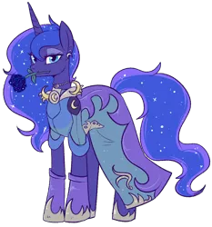 Size: 800x860 | Tagged: safe, artist:lulubell, derpibooru import, princess luna, pony, clothes, dress, ethereal mane, female, flower, flower in mouth, galaxy mane, looking at you, mare, mouth hold, rose, rose in mouth, simple background, solo, transparent background