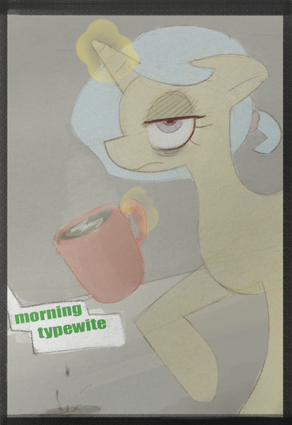 Size: 551x802 | Tagged: artist:nignogs, bags under eyes, coffee, derpibooru import, levitation, magic, oc, offscreen character, safe, solo, spilled drink, telekinesis, unamused, unofficial characters only