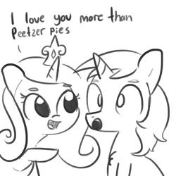 Size: 3000x3000 | Tagged: safe, artist:tjpones, derpibooru import, princess cadance, shining armor, alicorn, pony, unicorn, :o, chest fluff, cute, dialogue, female, grayscale, husband and wife, male, mare, monochrome, open mouth, peetzer, pointing, raised hoof, shiningcadance, shipping, simple background, sitting, sketch, smiling, stallion, straight, true love, white background, wide eyes