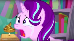 Size: 800x446 | Tagged: abuse, award, crying, derpibooru import, downvote bait, drama, dude not funny, edit, edited screencap, fetish, glimmerbuse, op isn't even trying anymore, poop, sad, sadlight glimmer, safe, scat, screencap, starlight drama, starlight glimmer, starlight glimmer day, turd, worst pony