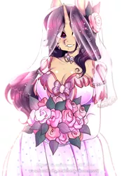 Size: 2893x4092 | Tagged: safe, artist:yukomaussi, derpibooru import, oc, unofficial characters only, anthro, unicorn, anthro oc, big breasts, bouquet, breasts, cleavage, clothes, dress, female, flower, hair over one eye, jewelry, mare, necklace, simple background, solo, wedding dress, wedding veil, white background