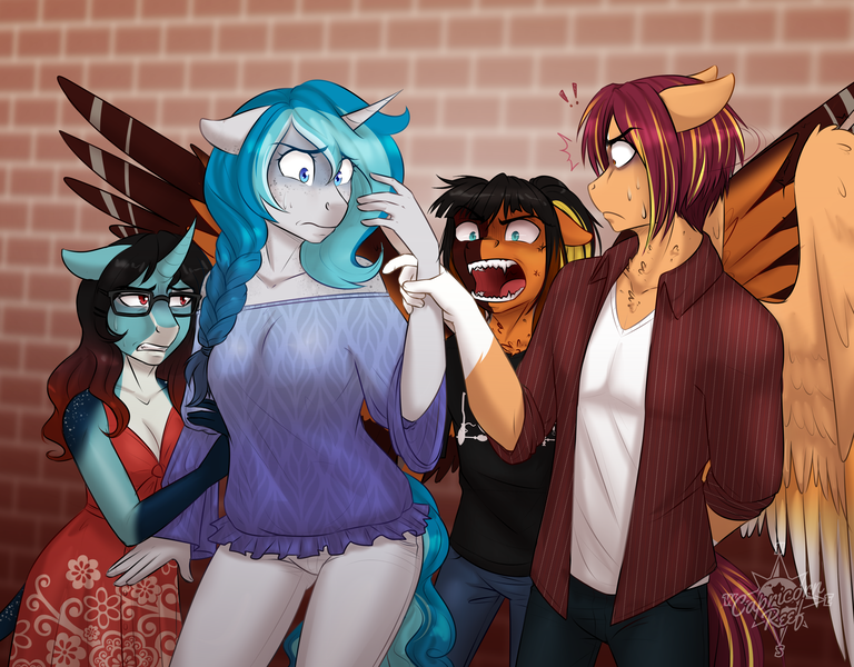 Size: 3823x2987 | Tagged: safe, artist:askbubblelee, derpibooru import, oc, oc:annie belle, oc:bubble lee, oc:daniel dasher, oc:sunstreak, unofficial characters only, anthro, dracony, hybrid, pegasus, unicorn, anthro oc, clothes, fangs, female, floppy ears, freckles, glasses, male, mare, off shoulder, open mouth, pants, shirt, stallion, story in the source, story included, uneasy