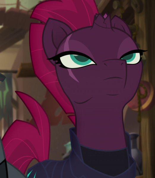 Size: 699x803 | Tagged: safe, derpibooru import, screencap, tempest shadow, pony, unicorn, my little pony: the movie, armor, beautiful, broken horn, cracked horn, cropped, eye scar, female, klugetown, lidded eyes, looking up, mare, mohawk, scar, solo