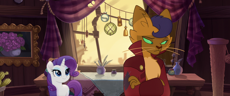 Size: 1920x804 | Tagged: safe, derpibooru import, screencap, capper dapperpaws, rarity, abyssinian, anthro, pony, unicorn, my little pony: the movie, anthro with ponies, ball, bottle, cactus, catnip, clothes, coat, conscience, crossed arms, curtains, duo, female, flower, glass, guilt, klugetown, male, mare, painting, quill, quill pen, sad, scratching post, smiling, table, windmill, window, yarn