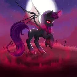 Size: 2222x2222 | Tagged: safe, artist:jacky-bunny, derpibooru import, oc, unofficial characters only, alicorn, bat pony, vampire, vampony, alicorn oc, bat pony oc, bat wings, cloud, cross, female, mare, moon, solo, stars, wings