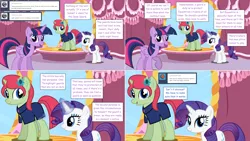 Size: 2564x1444 | Tagged: safe, artist:hakunohamikage, derpibooru import, rarity, twilight sparkle, twilight sparkle (alicorn), oc, oc:garnet, alicorn, unicorn, ask-princesssparkle, ask, carousel boutique, clothes, female, flower, flower in hair, mare, tumblr