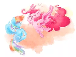 Size: 6263x4681 | Tagged: safe, artist:pinkablue, derpibooru import, pinkie pie, rainbow dash, pegasus, pony, ..., abstract background, absurd resolution, blushing, cute, dashabetes, diapinkes, ear fluff, eyes closed, female, flying, incoming hug, lesbian, mare, pegasus pinkie pie, pinkiedash, race swap, shipping, smiling