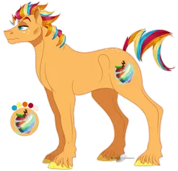 Size: 943x905 | Tagged: safe, artist:bijutsuyoukai, derpibooru import, oc, unofficial characters only, earth pony, pony, apple, electricity, magical lesbian spawn, male, offspring, parent:applejack, parent:rainbow dash, parents:appledash, rainbow hair, simple background, small head, solo, splayed hooves, stallion, transparent background, zap apple