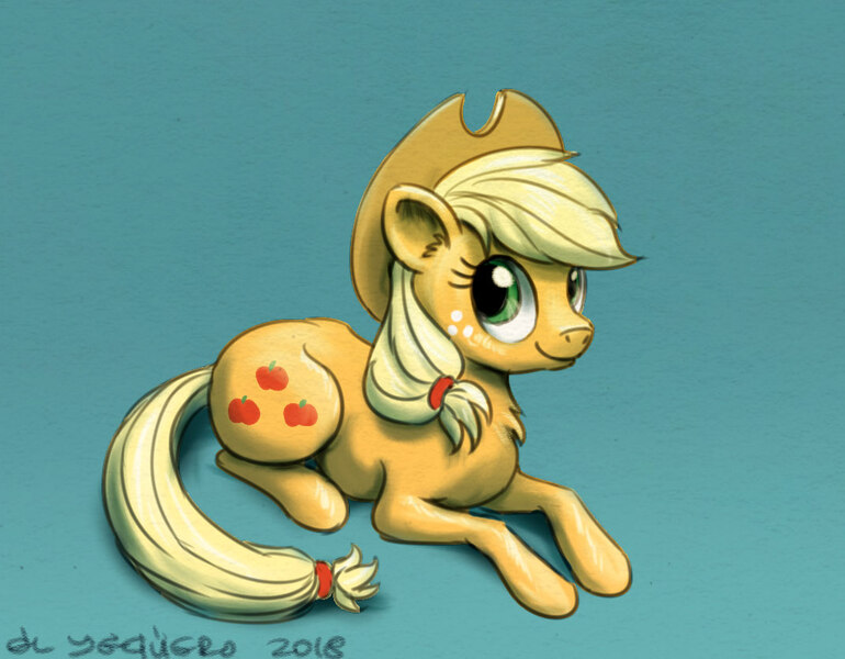 Size: 1071x835 | Tagged: safe, artist:el-yeguero, derpibooru import, applejack, earth pony, pony, cowboy hat, female, hat, mare, prone, simple background, smiling, stetson