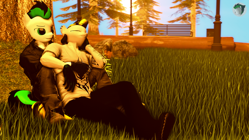 Size: 4000x2250 | Tagged: 3d, anthro, artist:blackspoiler, bench, derpibooru import, grass, nature, oc, oc:blackspoiler, oc:kim, park, plantigrade anthro, safe, sleeping, source filmmaker, tree, unofficial characters only