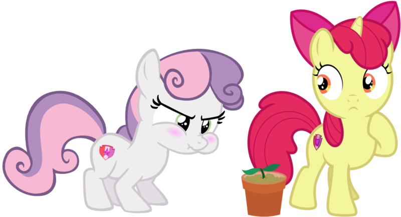 Size: 1156x625 | Tagged: safe, artist:dasprid, artist:estories, artist:s.guri, derpibooru import, edit, editor:slayerbvc, vector edit, apple bloom, sweetie belle, earth pony, pony, unicorn, duo, earth pony sweetie belle, female, filly, flower pot, foal, frustrated, puffy cheeks, race swap, raised hoof, simple background, sprout, transparent background, unicorn apple bloom, vector