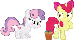 Size: 1156x625 | Tagged: safe, artist:dasprid, artist:estories, artist:s.guri, derpibooru import, edit, editor:slayerbvc, vector edit, apple bloom, sweetie belle, earth pony, pony, unicorn, duo, earth pony sweetie belle, female, filly, flower pot, foal, frustrated, puffy cheeks, race swap, raised hoof, simple background, sprout, transparent background, unicorn apple bloom, vector