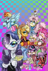 Size: 3025x4541 | Tagged: safe, artist:andypriceart, derpibooru import, angel bunny, applejack, fluttershy, pinkie pie, rainbow dash, rarity, spike, twilight sparkle, twilight sparkle (alicorn), alicorn, dragon, earth pony, pegasus, pony, unicorn, spoiler:comic67, 80's fashion, 80s, abstract background, air guitar, alternate hairstyle, applejack's hat, bangles, belt, belt buckle, big hair, binder, book, boots, bracelet, clothes, cowboy boots, cowboy hat, cyndi lauper, denim jacket, dress, ear piercing, earring, eyes closed, eyeshadow, female, fishnets, flower, glasses, hair spray, hairspray, hat, headband, high res, jeans, jewelry, leg warmers, leotard, looking at you, makeup, male, mane six, mare, mohawk, necklace, pants, piercing, robe, ruffled shirt, safety pin, sequins, shampoo, shoulder pads, sunflower, sweatband, sweater, sweatpants, trapper keeper, turtleneck, weights, wristband