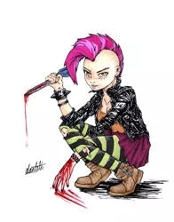 Size: 3353x4282 | Tagged: artist:dantethehuman, babs seed, blood, clothes, derpibooru import, ear piercing, earring, eyebrow piercing, female, freckles, human, humanized, jacket, jewelry, leather jacket, mohawk, nail polish, piercing, scissors, self harm, semi-grimdark, simple background, solo, spiked wristband, traditional art, white background, wristband