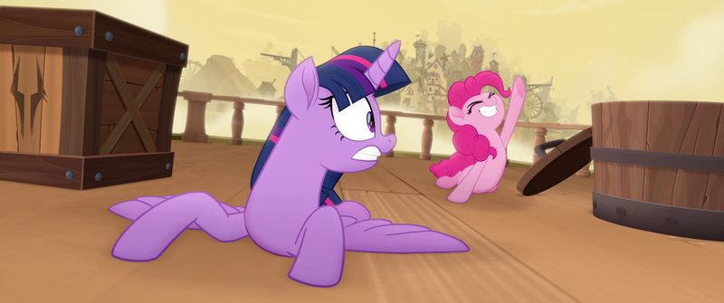 Size: 1920x804 | Tagged: safe, derpibooru import, screencap, pinkie pie, twilight sparkle, twilight sparkle (alicorn), alicorn, earth pony, pony, my little pony: the movie, duo, eyes closed, happy, surprised