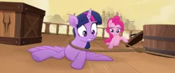 Size: 1920x804 | Tagged: safe, derpibooru import, screencap, pinkie pie, twilight sparkle, twilight sparkle (alicorn), alicorn, earth pony, pony, my little pony: the movie, barrel, box, duo, lasso, lidded eyes, noose, out of context, rope, surprised