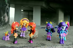 Size: 6000x4000 | Tagged: safe, artist:artofmagicpoland, derpibooru import, pinkie pie, rarity, sunset shimmer, twilight sparkle, twilight sparkle (alicorn), alicorn, equestria girls, argument, doll, equestria girls minis, figure, holding, standing, toy