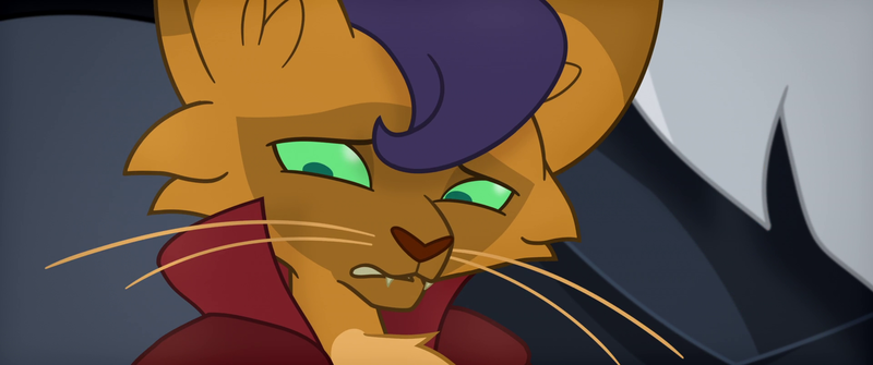 Size: 1920x804 | Tagged: abyssinian, anthro, capper dapperpaws, cat, clothes, considering, derpibooru import, guilty, male, my little pony: the movie, sad, safe, screencap, solo, storm guard, tempest shadow's bodyguard, thinking