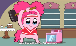Size: 1224x750 | Tagged: :3, animated, artist:omegaozone, cute, derpibooru import, food, hammer, muffin, oven, pinkie pie, pop team epic, safe