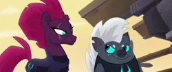 Size: 1920x804 | Tagged: safe, derpibooru import, screencap, grubber, tempest shadow, hedgehog, pony, unicorn, my little pony: the movie, armor, broken horn, colored sclera, doubt, duo, eye scar, looking at each other, raised eyebrow, scar, suspicious