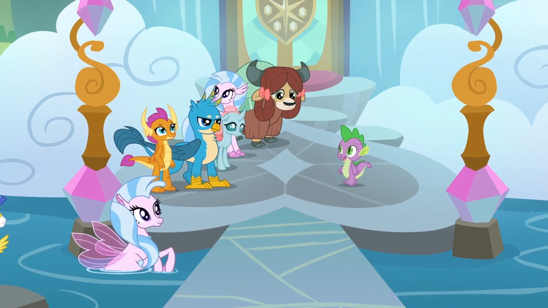 Size: 1920x1080 | Tagged: safe, derpibooru import, screencap, gallus, ocellus, silverstream, smolder, spike, yona, changedling, changeling, dragon, gryphon, seapony (g4), yak, school daze, season 8, animation error, cloven hooves, female, jewelry, male, monkey swings, multeity, necklace, saved by my friends, school of friendship, silverstorm