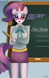 Size: 1200x1900 | Tagged: suggestive, artist:lennonblack, derpibooru import, rarity, anthro, unicorn, breasts, busty rarity, chalkboard, clothes, crossed arms, dialogue, female, lipstick, looking at you, mare, ruler, schoolmarm rarity, solo, solo female, teacher