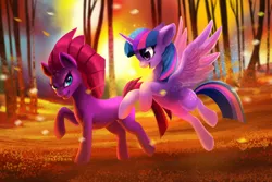 Size: 1200x800 | Tagged: safe, artist:coldybutt, artist:tsaoshin, derpibooru import, tempest shadow, twilight sparkle, twilight sparkle (alicorn), alicorn, pony, collaboration, female, forest, leaves, lesbian, looking at you, mare, shipping, tempestlight