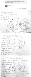 Size: 1764x4315 | Tagged: safe, artist:tjpones, derpibooru import, oc, oc:brownie bun, oc:richard, unofficial characters only, earth pony, human, pony, horse wife, ask, chest fluff, clothes, comic, dialogue, double standard, eyes closed, female, human male, hypocrisy, lineart, male, mare, pun, raised hoof, shirt, t-shirt, traditional art, tumblr