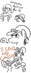 Size: 359x834 | Tagged: safe, artist:jargon scott, derpibooru import, oc, oc:omelette, unofficial characters only, earth pony, human, pony, comic, cussing, dialogue, female, hat, holding a pony, human female, male, scrunchy face, simple background, speech bubble, stallion, vulgar, white background