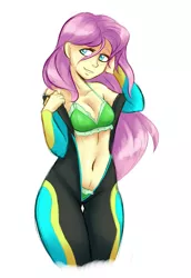 Size: 1657x2413 | Tagged: suggestive, artist:ambris, derpibooru import, fluttershy, equestria girls, forgotten friendship, belly button, bikini, breasts, clothes, female, frilled swimsuit, green swimsuit, lidded eyes, sexy, simple background, smiling, solo, solo female, swimsuit, undressing, unzipped, wetsuit, white background