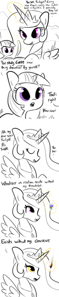 Size: 3000x15000 | Tagged: safe, artist:tjpones, derpibooru import, princess celestia, twilight sparkle, alicorn, pony, unicorn, absurd resolution, blood meridian, book, burned, burning, comic, dialogue, eyes closed, female, filly, filly twilight sparkle, fire, flower, frown, glowing eyes, glowing horn, god complex, implied daybreaker, jewelry, judge holden, levitation, looking at something, magic, mare, mood whiplash, ominous, open mouth, partial color, quill, raised hoof, regalia, simple background, smiling, spread wings, telekinesis, that escalated quickly, this will end in fire, this will end in genocide, tyrant celestia, white background, wings, writing, younger