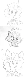 Size: 981x2672 | Tagged: safe, artist:tjpones, derpibooru import, pinkie pie, earth pony, pony, chest fluff, comic, cute, diapinkes, ear fluff, electricity, electrocution, extra fluffy, female, fluffy, fluffy mane, frown, grayscale, impossibly large ears, machine, mare, monochrome, onomatopoeia, question mark, shock, shocked, simple background, smiling, smoke, solo, style emulation, text, traditional art, white background, wide eyes