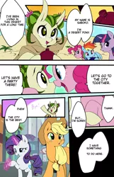 Size: 772x1200 | Tagged: safe, artist:potetecyu_to, derpibooru import, applejack, fluttershy, pinkie pie, rainbow dash, rarity, twilight sparkle, oc, oc:saboco, cactus pony, earth pony, pegasus, pony, unicorn, cactus, canteen, cloak, clothes, comic, cute, desert, engrish, female, japanese, mare, nail file